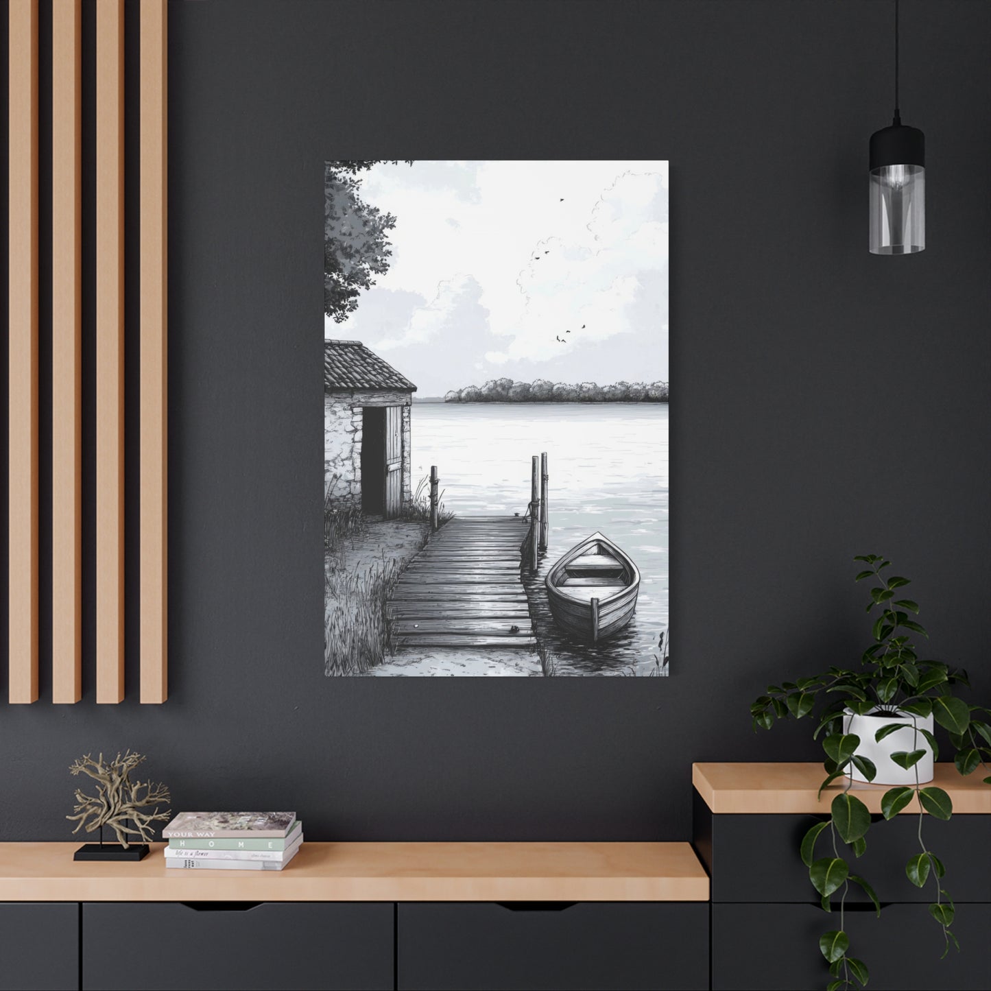 Cottage By Lake Grey Wall Art & Canvas Prints