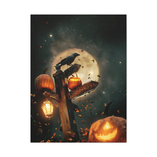 Crow on Pumpkin Signpost Under the Full Moon Wall Art & Canvas Print