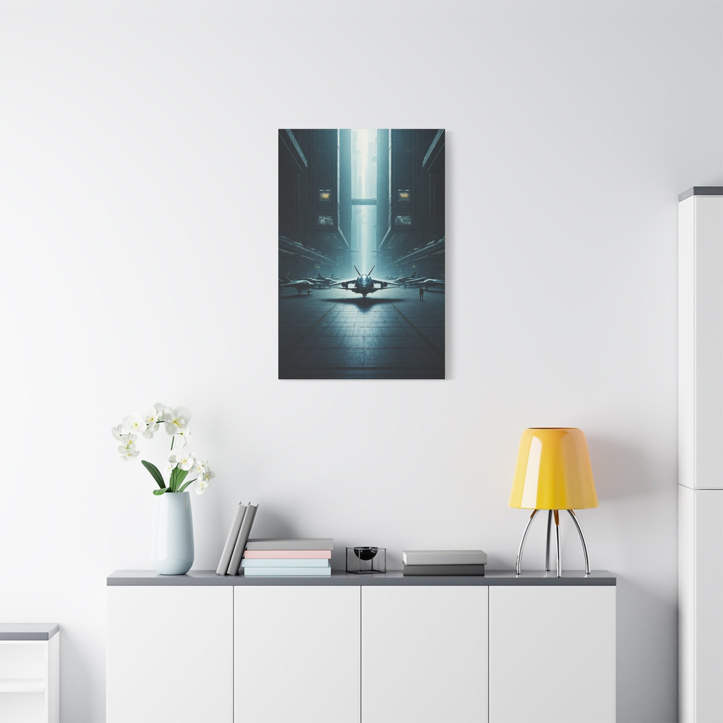 Futuristic Aircraft Hangar Scene Wall Art & Canvas Prints