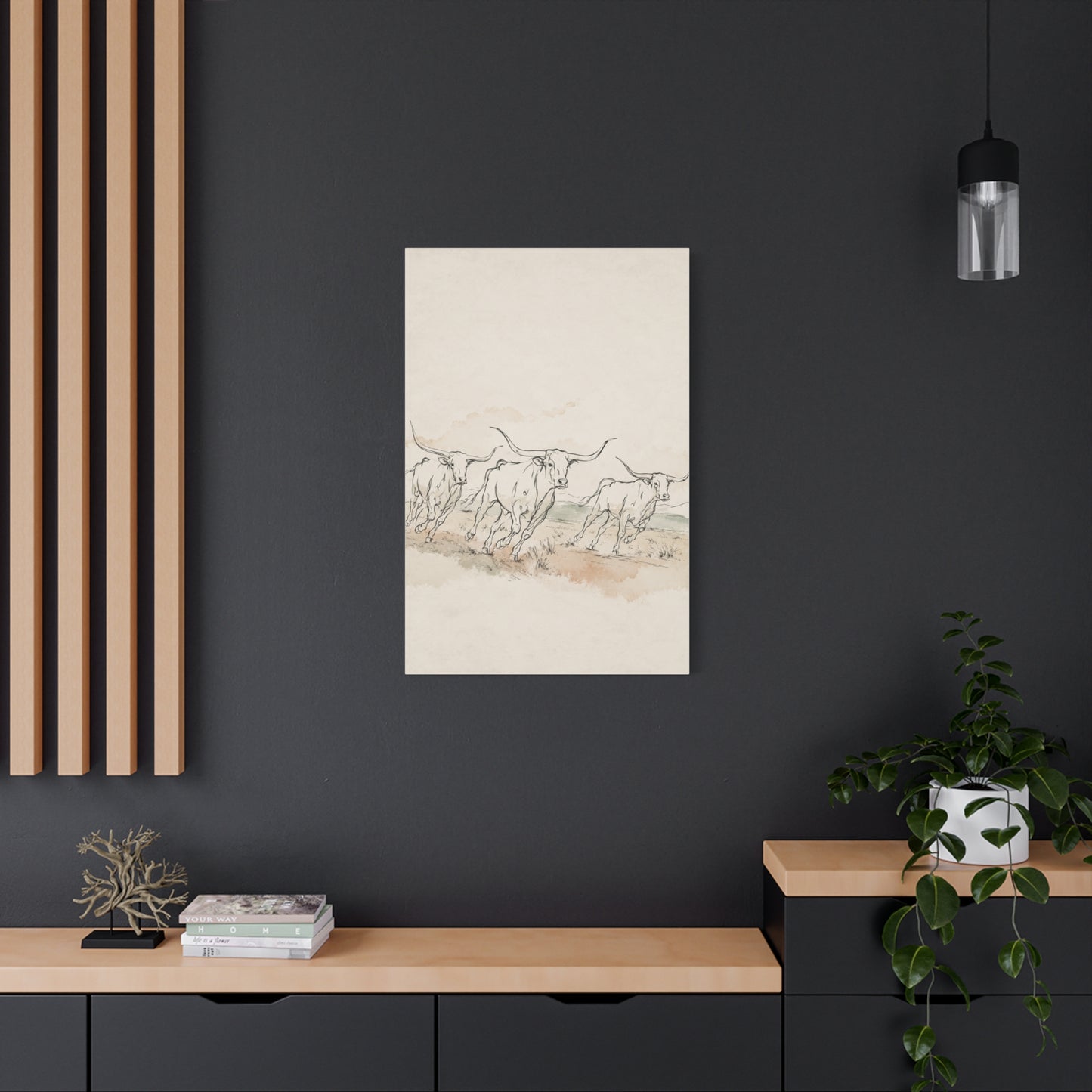 Running Longhorn Line Sketch Panorama Wall Art & Canvas Print
