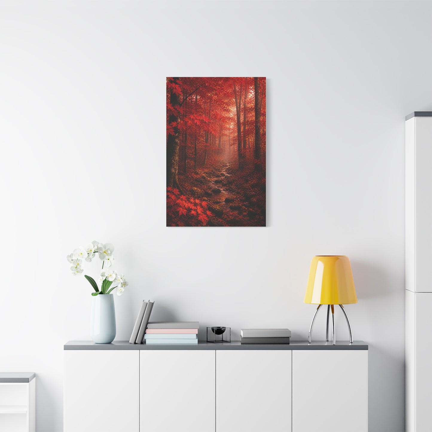 Crimson Autumn Forest Stream Wall Art & Canvas Print
