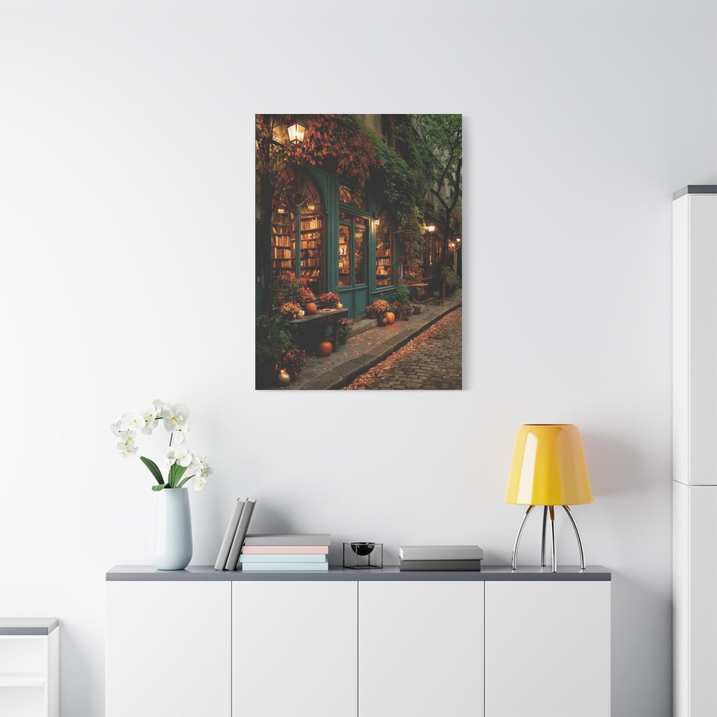 Autumn Bookshop Street Scene Wall Art & Canvas Print