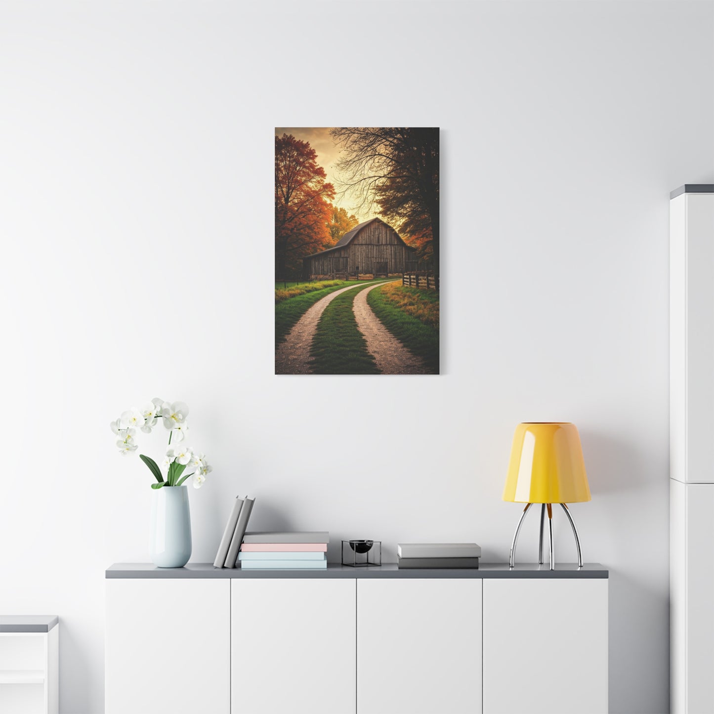 Autumn Barn Road at Golden Hour Wall Art & Canvas Prints