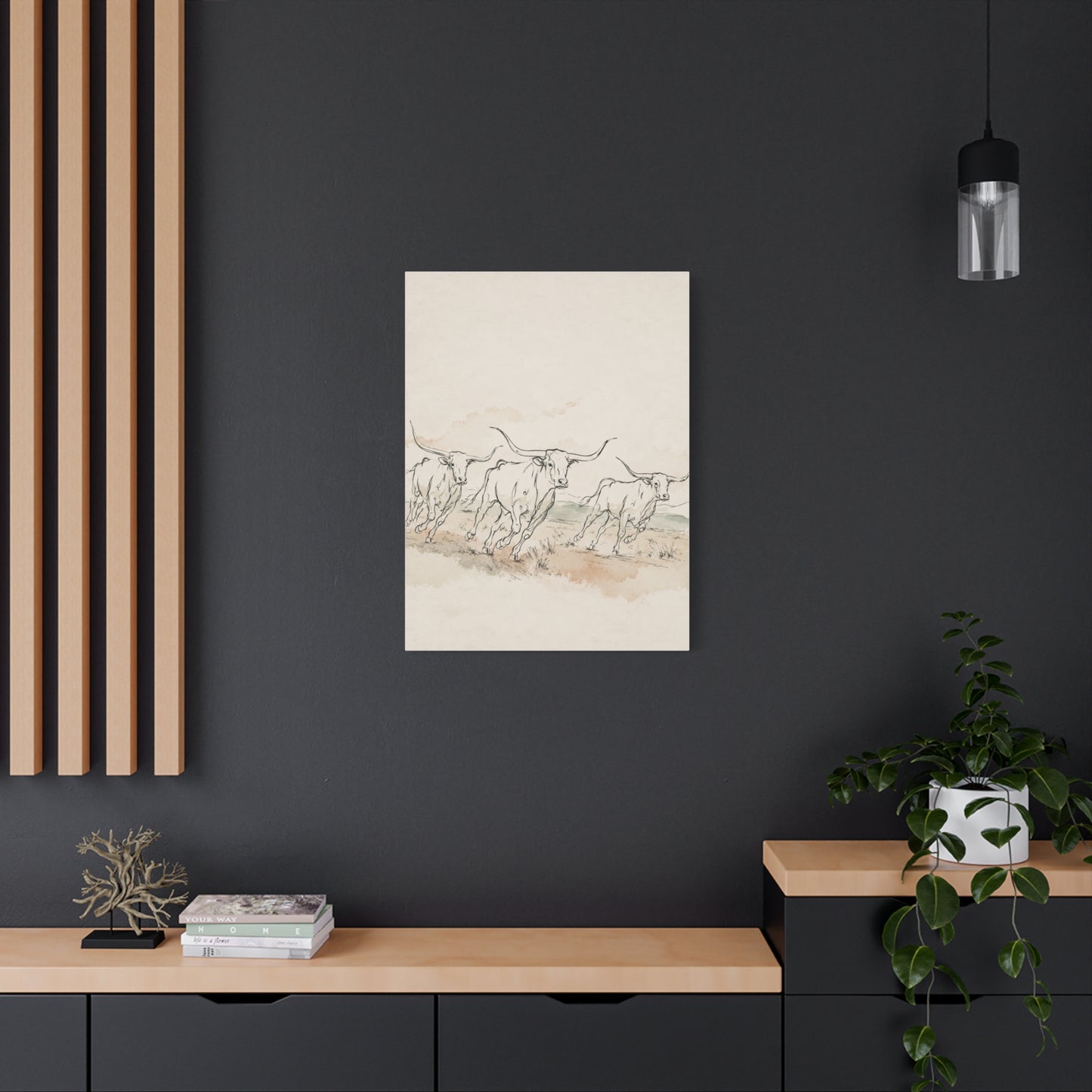 Running Longhorn Line Sketch Panorama Wall Art & Canvas Print