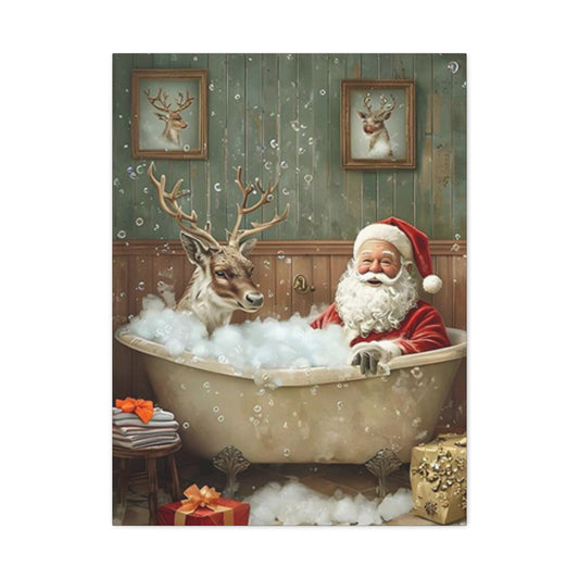 Santa Claus Bathing With Reindeer Painting Wall Art & Canvas Prints